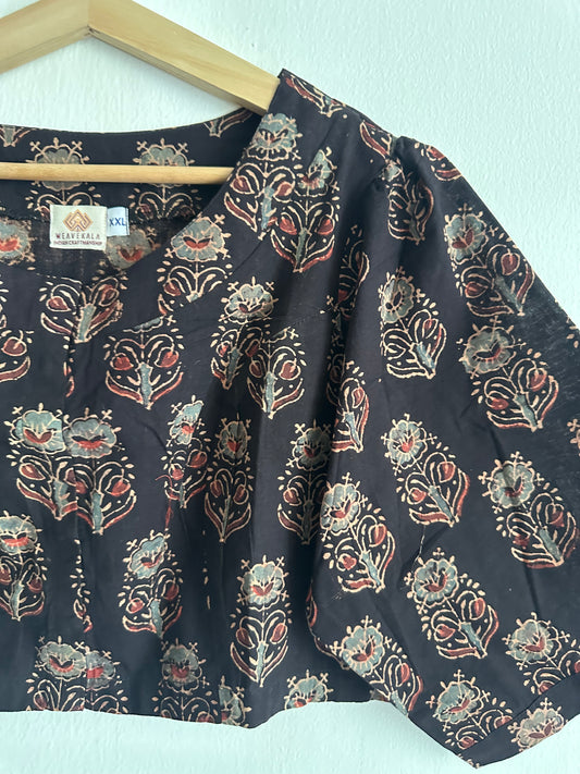 Black ajrakh cotton blouse  blouse with wooden button