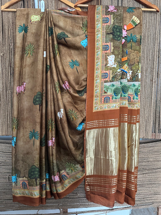 Brown pichwai modal silk print sari with zari border pms- 1036