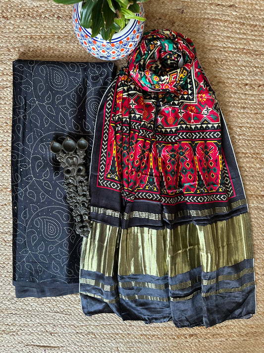 Black mashru silk kurta with patola handcrafted modal silk dupatta ps-44