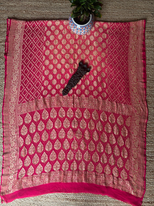 Peach pink handwoven neem zari bareek bandhani saree with khaddi georgette bs- 56