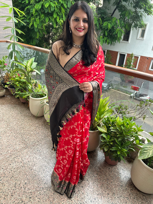 Red & black banarasi chiniya silk certified zari woven  sari