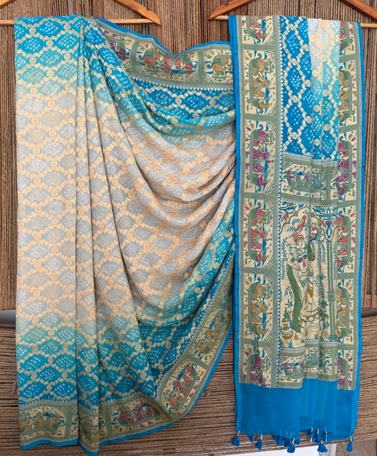 Azure blue ombrã© handwoven rai  bareek bandhani saree meenakari jaal with khaddi georgette  mks-12