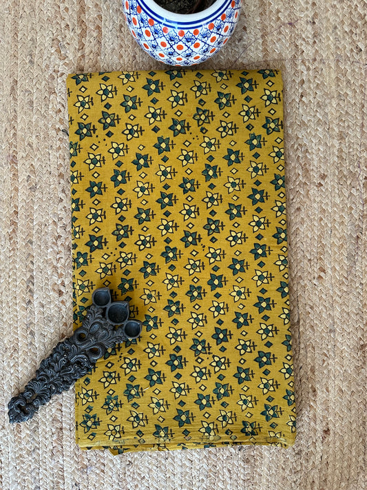 Mustard ajrakh handcrafted natural dye printed cotton fabric   cf - 24