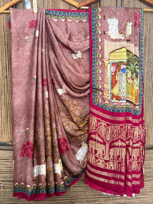 Dusty pink patola modal silk  pichwai print sari with zari border pms-10155