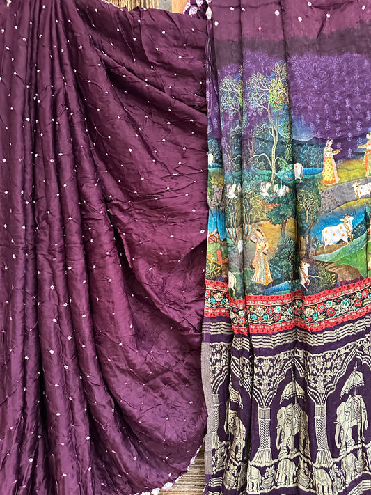 Purple modal silk bandhani  sari with pichwai print bps