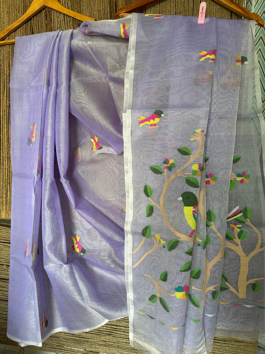 Lavender purple jamdani handwoven pure muslin silk sari