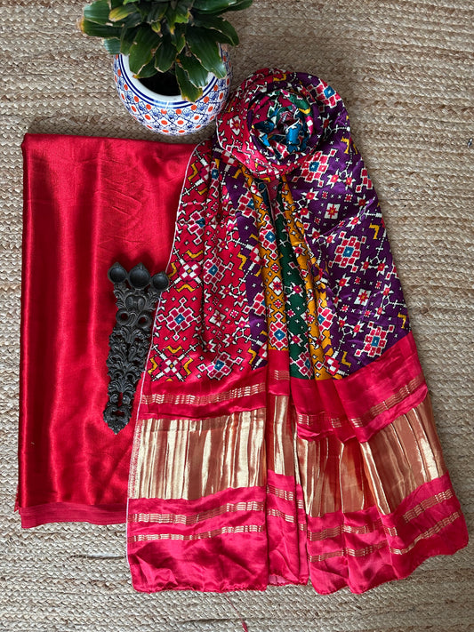 Red solid mashru silk kurta with patola handcrafted modal silk dupatta ps-8