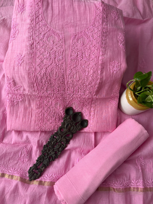 Rose pink premium  chanderi cotton lucknowi chickenkari hand embroidery three piece suit