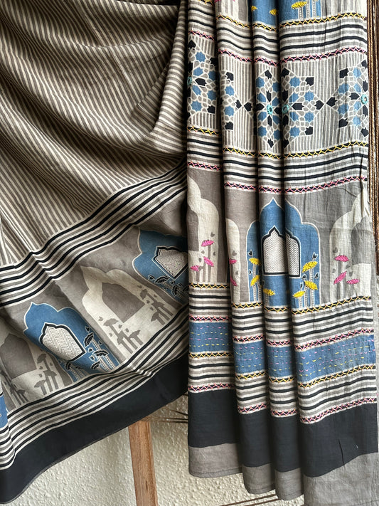 Beige blue green cotton ajrakh handembroidery sari