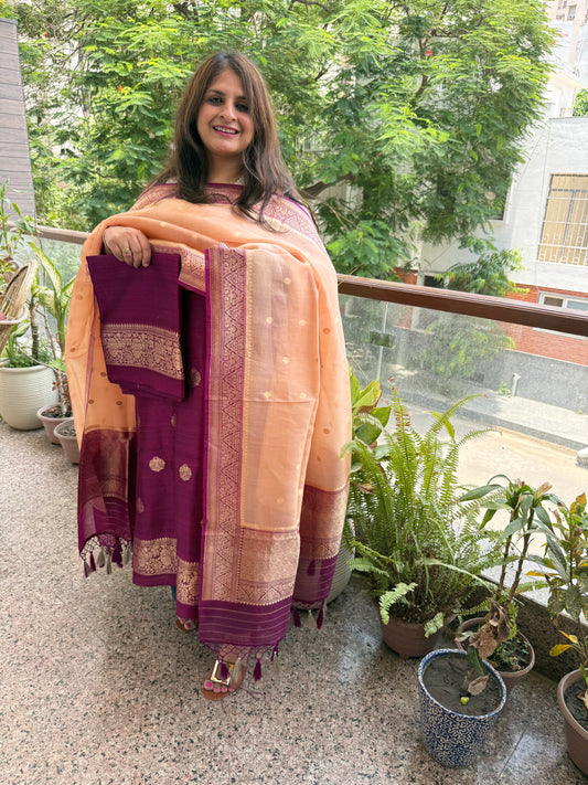 Purple raw silk certified handloom banarsi meenakari kadwa booti with woven zari three piece suit