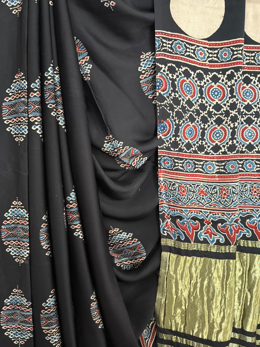 Black ajrakh modal silk sari with zari pallu