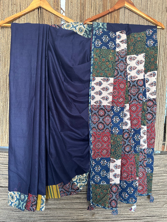 Nevy blue patch work  ajrakh hand crafted mull saree