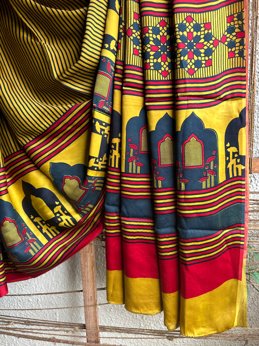Mustard  multi  contemproray ajrakh modal silk sari
