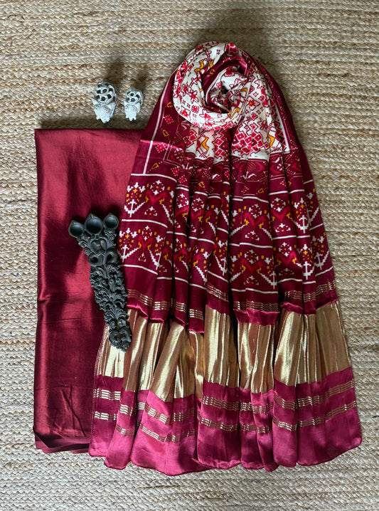 Maroon solid  mashru silk kurta with patola handcrafted modal silk dupatta
