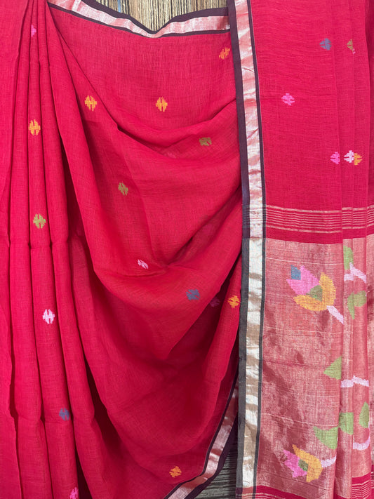 Red handwoven pure linen silk jamdani sari with zari pallu
