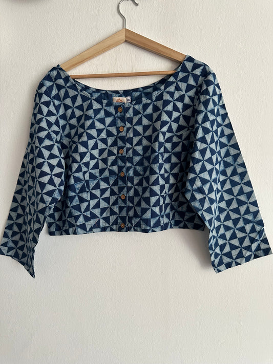 Indigo akola geometric ajrakh cotton blouse  blouse with wooden button