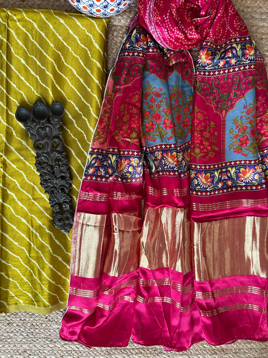 Mustard leheriya mashru silk kurta with patola handcrafted modal silk dupatta ps-10140