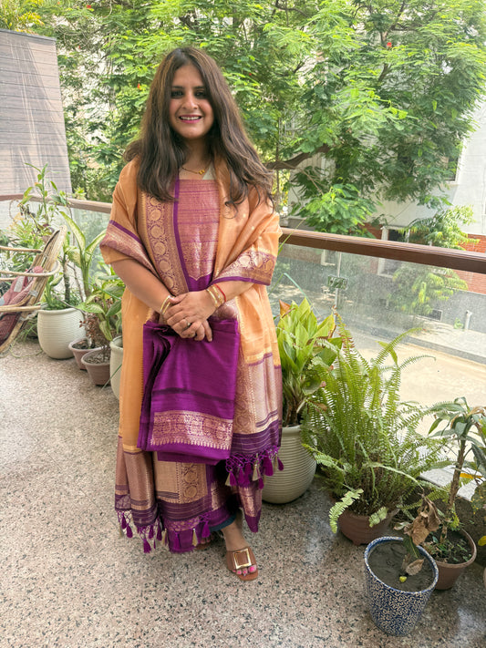 Magenta purple raw silk certified handloom banarsi kadwa butti with woven zari three piece suit