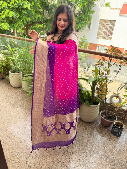 Hot  pink & purple ombie handwoven neemzari bareek bandhani in khaddi premium georgette dupatta bd-204