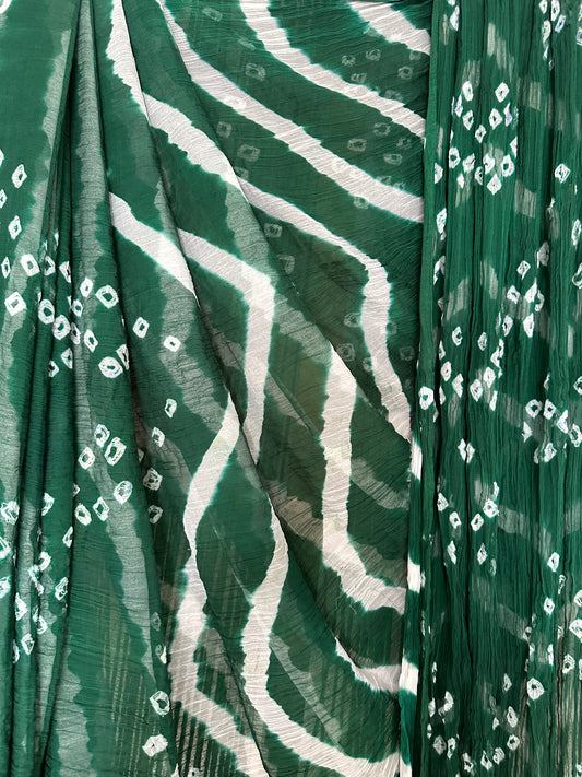 Bottle green   bandhani leheriya handcrafted chiffon sari