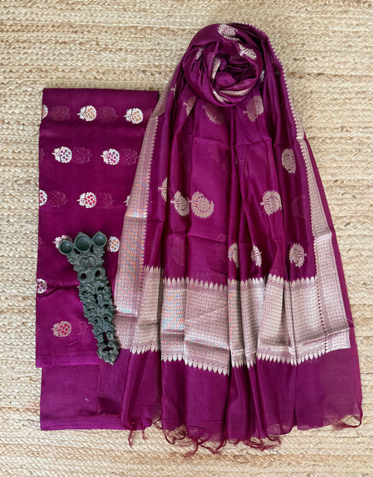 Purple chanderi handloom  banarsi booti three piece suit