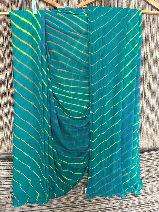 Mint green multi leheriya handcrafted  chiffon sari