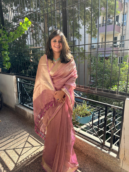 Lavender purple banarasi zari crushed tissue sari