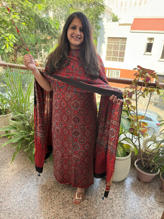 Maroon  ajrakh modal silk handblock kurta set