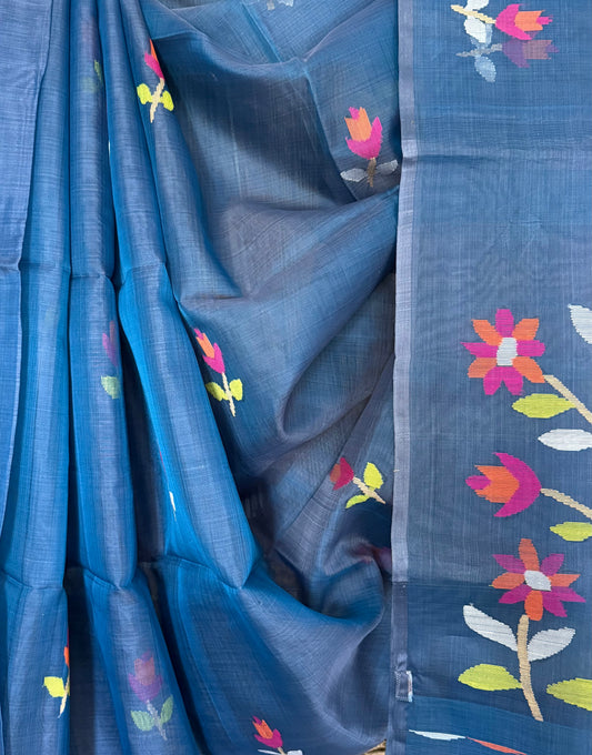 Denim blue jamdani handwoven pure muslin silk sari