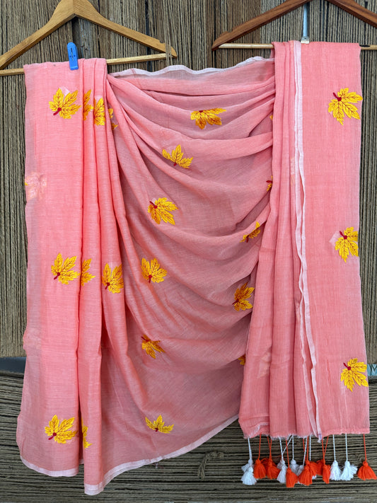 Pink peach mull embroidery handloom sari with tassels