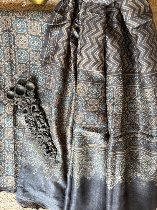 Ash gray ajrakh tussar silk handblock suit set tss- 10