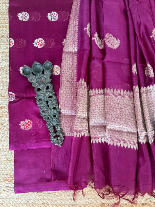Purple chanderi handloom  banarsi booti three piece suit