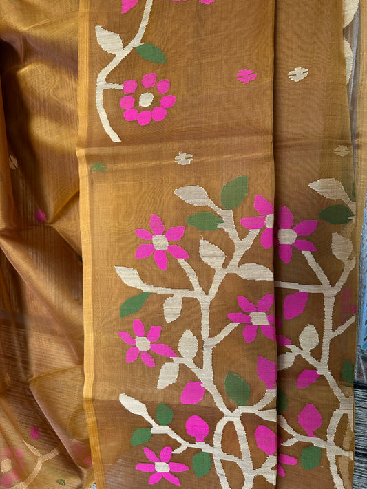 Sienna brown jamdani handwoven pure muslin silk sari