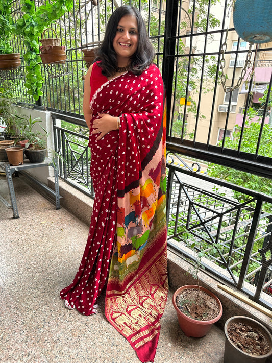 Maroon modal silk bandhani  handcrafted with pichwai print sari in nakshi elephant  border