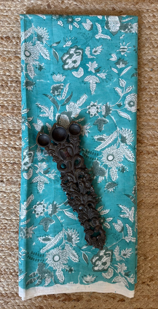 Sky blue jaypuri handbook cotton silk fabric