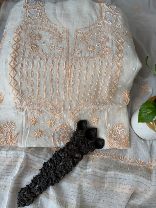 White & peach embroidery premium mull chanderi lucknowi chickenkari with moti work hand embroidery three piece suit