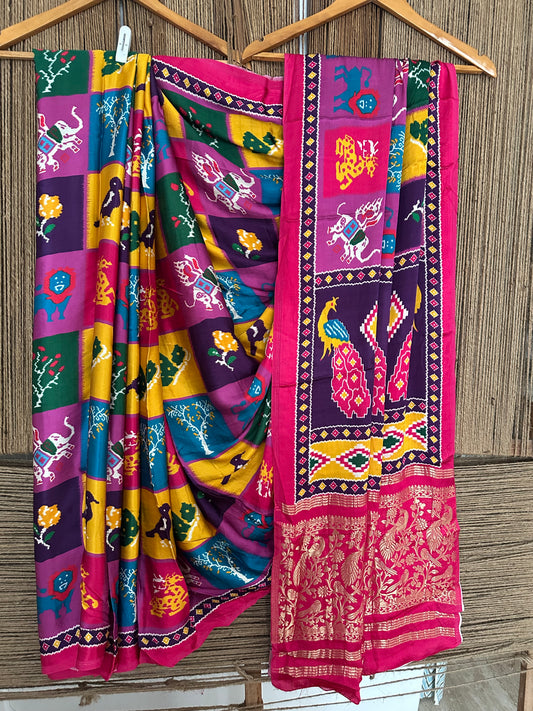 Multicolour  peacock patola modal silk patola print sari with zari border pms-10144