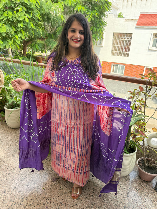 Purple & peach modal silk shibori kurta with bandhani shibori  handcrafted modal silk dupatta sbs-1