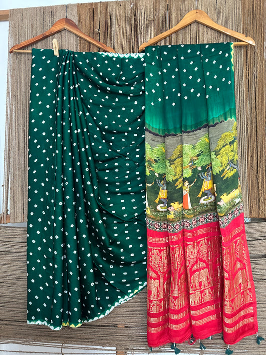 Hunter green modal silk bandhani  sari with pichwai print bps