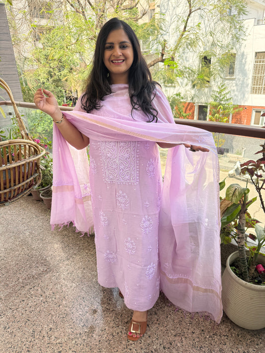 Mauve purple premium mull chanderi lucknowi chickenkari with moti work hand embroidery three piece suit