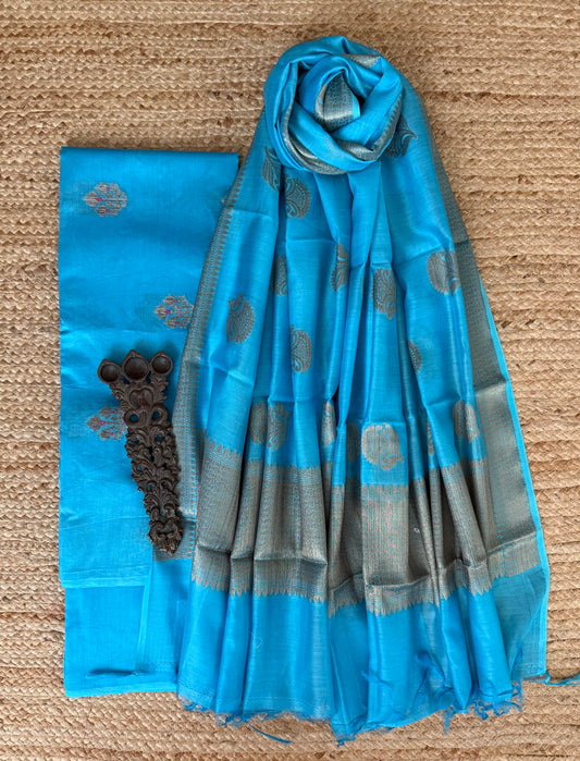 Turquoise Blue chanderi handloom  banarsi booti three piece suit