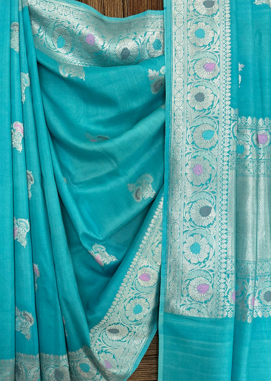 Sky blue tussar georgette  silk certified  handloom banarsi sari with woven zari
