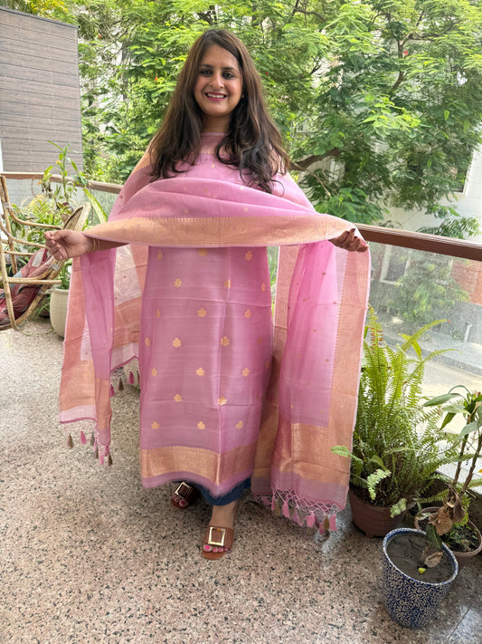 Soft dusty mauve kora silk certified handloom banarsi kadwa booti three piece suit