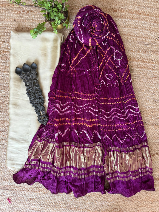 Beige golden mashru solid kurta with gharchola handcrafted modal silk dupatta ps-10153