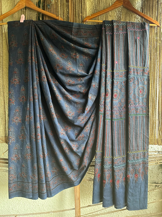 Blue cotton ajrakh handembroidery sari