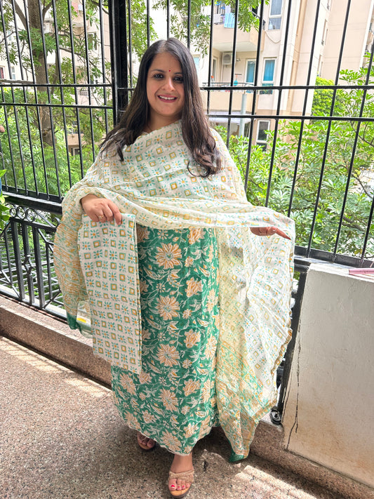 Pine green chanderi hand block suit set  cbs-56