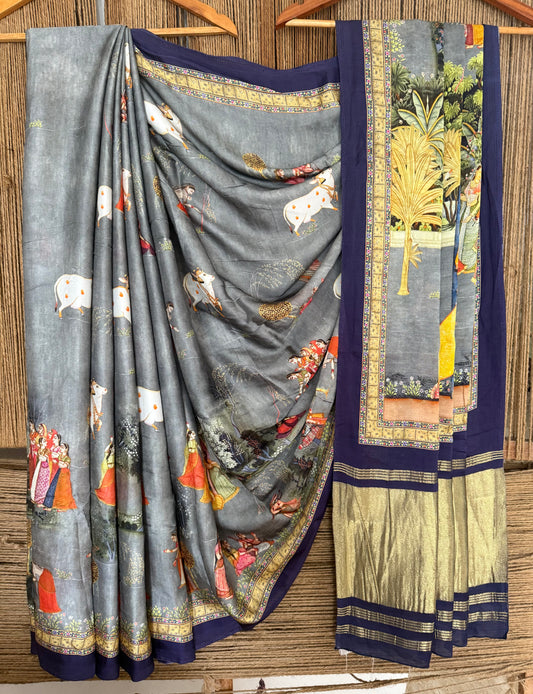 Grey blue  pichwai  modal silk patola print sari with zari border pms- 1011