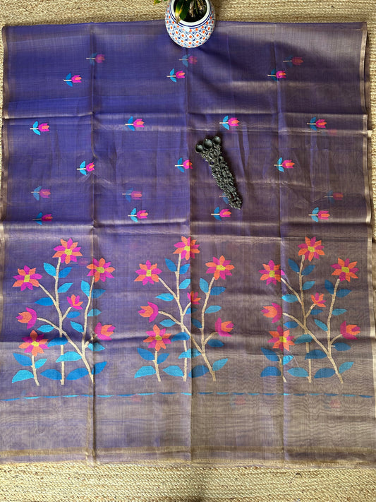 Slate blue jamdani handwoven pure muslin silk sari
