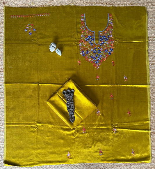 Mustard mashru silk hand embroidery kashmiri handembroidery sozni work cord set cs-18