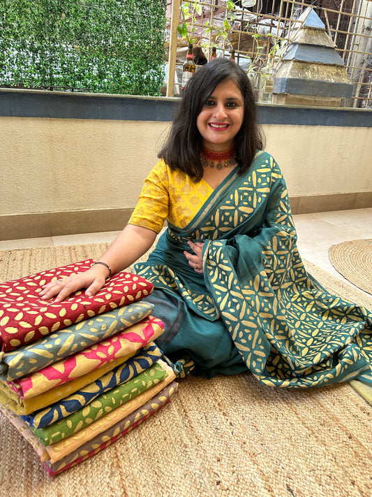 Teal blue chanderi silk handcrafted applique sari